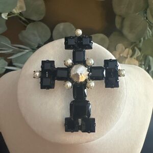 Vintage Black Glass & Faux Pearl Cross Brooch